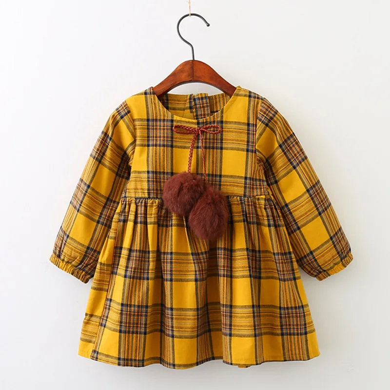 

Girls Dress Autumn Winter Brand Girl Clothes Plaid Fur Ball Bow New Design Baby Girls Dress Girls Casual Dresses Kids