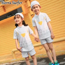 Купальник для девочек, Раздельный купальный комплект купальники танкини Для детей, малышей купальные костюмы в Корейском стиле для мальчиков, новинка, Детский костюм футболка с короткими plavky бикини