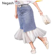 2 шт. комплект с сеткой плиссированная джинсовая юбка женская тонкая сексуальная миди юбки женские s летние модные джинсовые юбки из денима юбка из тюля для девочек