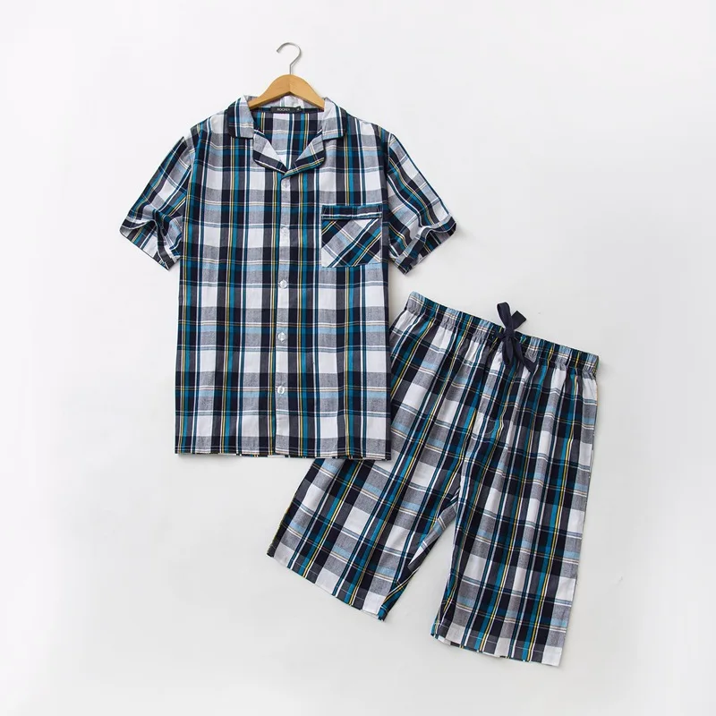 Модная Клетчатая Мужская одежда для сна, хлопок, короткие пижамные комплекты, мужские летние пижамы с коротким рукавом, повседневные мужские пижамы - Цвет: M19624C-1