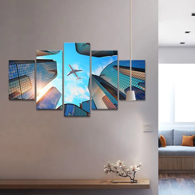 

Canvas Decor Frame Modular Pictures 5 Pieces City Buildings Aircraft Blue Sky White Cloud Landscape Paintings Wall Art HD Prints