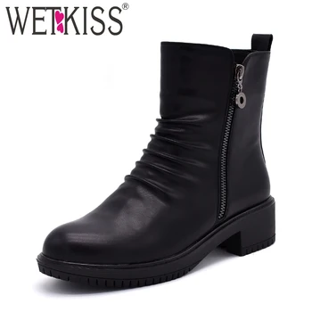 

WETKISS Winter Thick Heels Women Ankle Boots Round Toe Zip Pu Pleated Footwear Platform Female Boot New Shoes Women 2018 Black