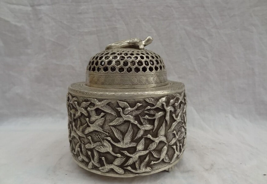 

song voge gem S4979 7" Tibet Silver Buddhism 100 Birds Crane Statue Turtle Box Incense Burner Censer