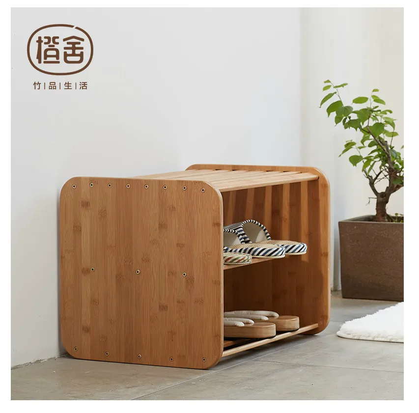 Orange Round Bamboo Stool Modern Stool Shoe Storage Bench Shoe
