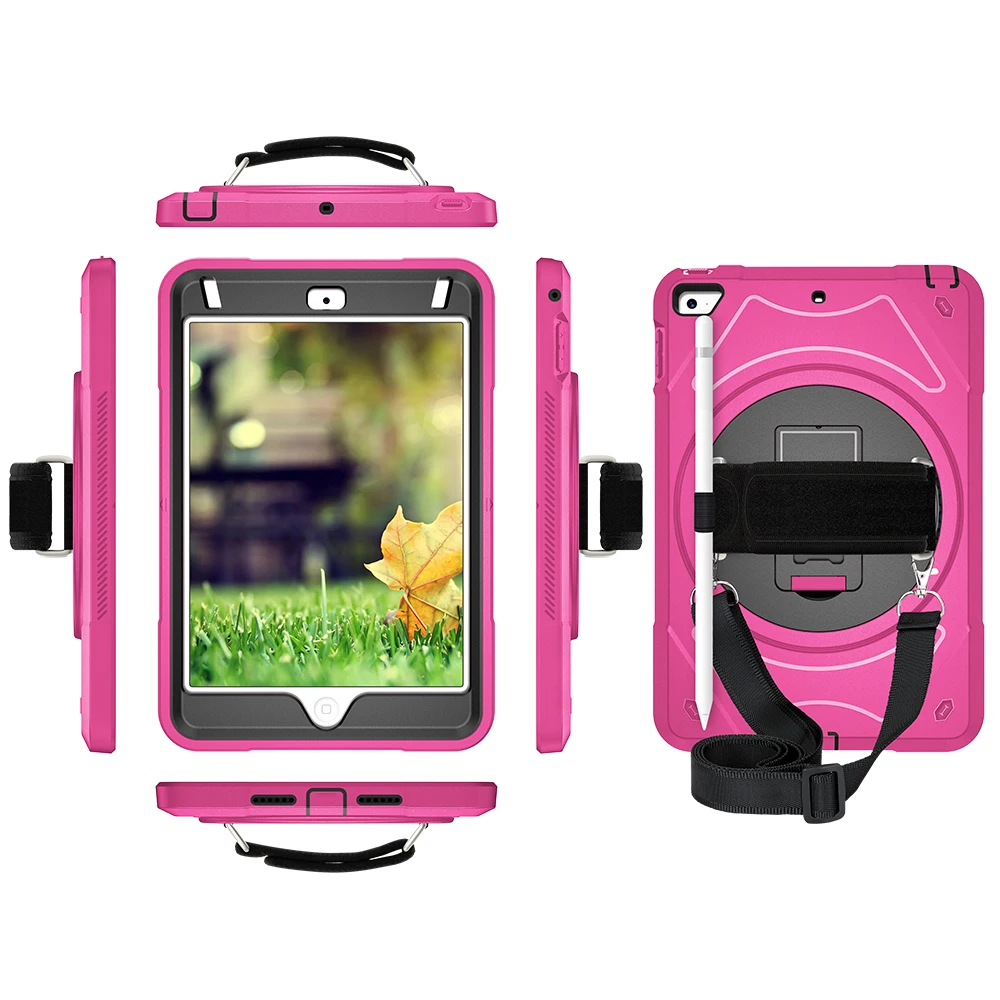 

For iPad Mini 5 / 4 Case with Pencil Holder Heavy Duty Case with 360 Degree Rotation Shoulder Hand Strap and Stand-Miesherk Rose