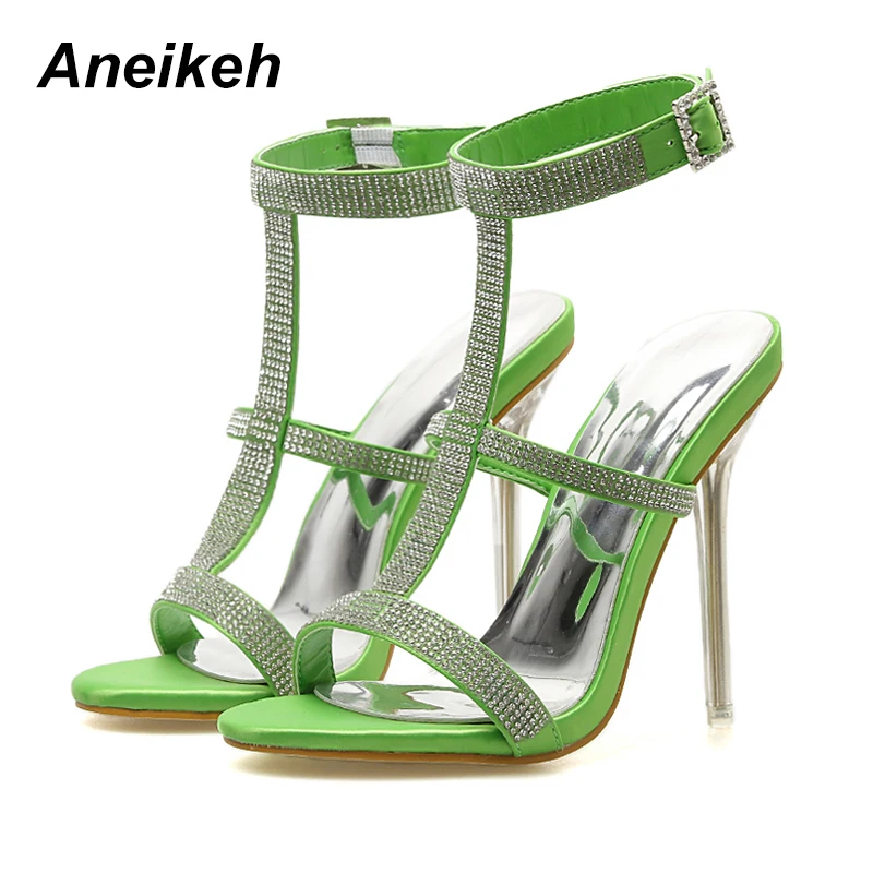 

Aneikeh 2019 PU Gladiator Rhinestone Thin High Heel Sandals Women Pointed Toe Buckle Strap Women Shoes Blue Green Size 35-40