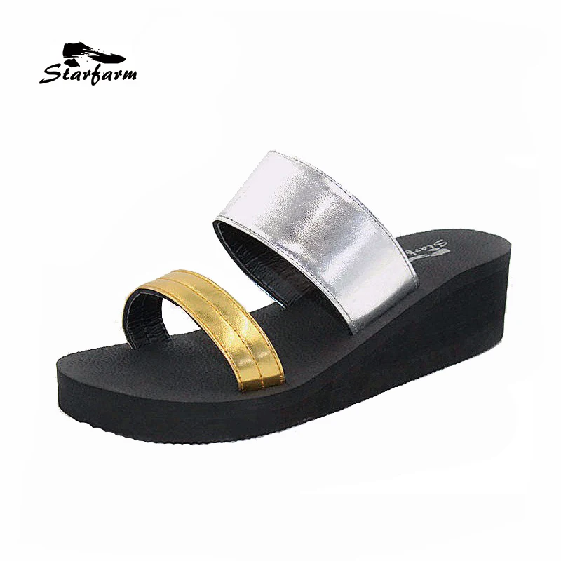 STARFARM Women Casual Shoes Slides Sandals Wedge Heel Gold Silvery Platform Slippers|slippers 