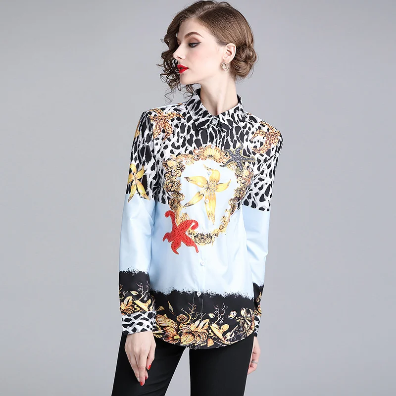 

High Quality Runway Blouse Women Fashion Designer Turn Down Collar Top Shirt Elegant Print Blouse Office top