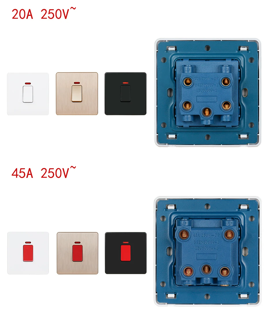 Esooli UK standard 20A/45A переключатель водонагревателя с неоновым светодиодный индикатор двухполюсный выключатель питания AC Air cooker переключатель