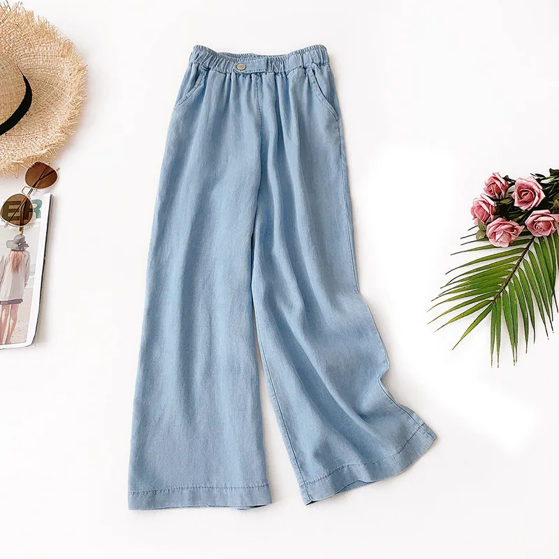 

Wasteheart Summer Tencel Women Fashion Blue Long Loose Pants Wide Leg Pants Elastic High Waist Female Pants Cowboy Jeans