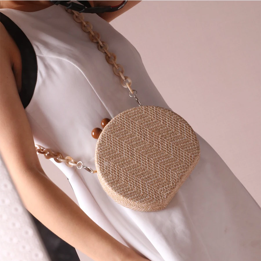 مصغرة الاكريليك سلسلة القش حقيبة جولة المنسوجة حقيبة يد Crossbody أكياس جولة شريط حقيبة كتف البوهيمي حقيبة شاطئية مأدبة مخلب 2019