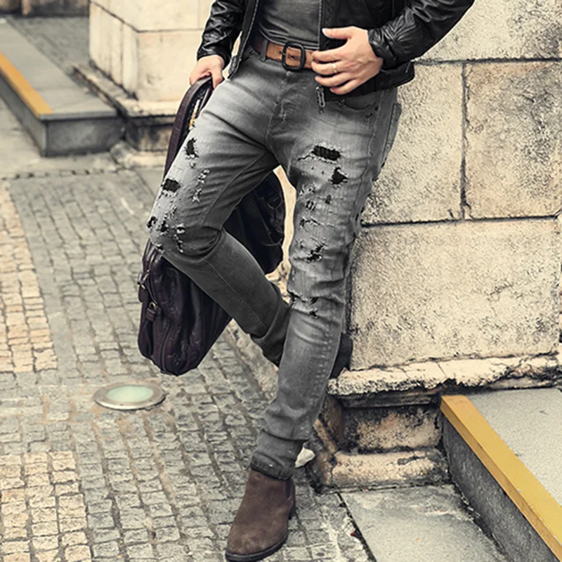 

Men Retro Micro Elasticed Grey Slim Casual Button Fly Ripped Holes Jeans Pants Male Straight Washed Hip Hop Winter Jeans K786