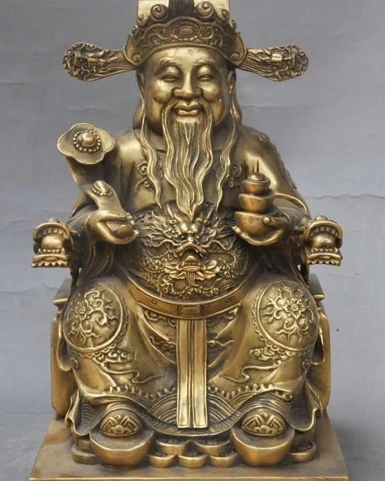 

chinese buddhism brass Jambhala wealth god yuanbao coin ruyi Dragon chair statue