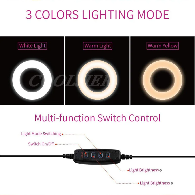 COOLJIER светодиодный кольцевой светильник для селфи с зарядкой от USB для фотосъемки, кольцевой светильник для телефона, камеры, видеостудии