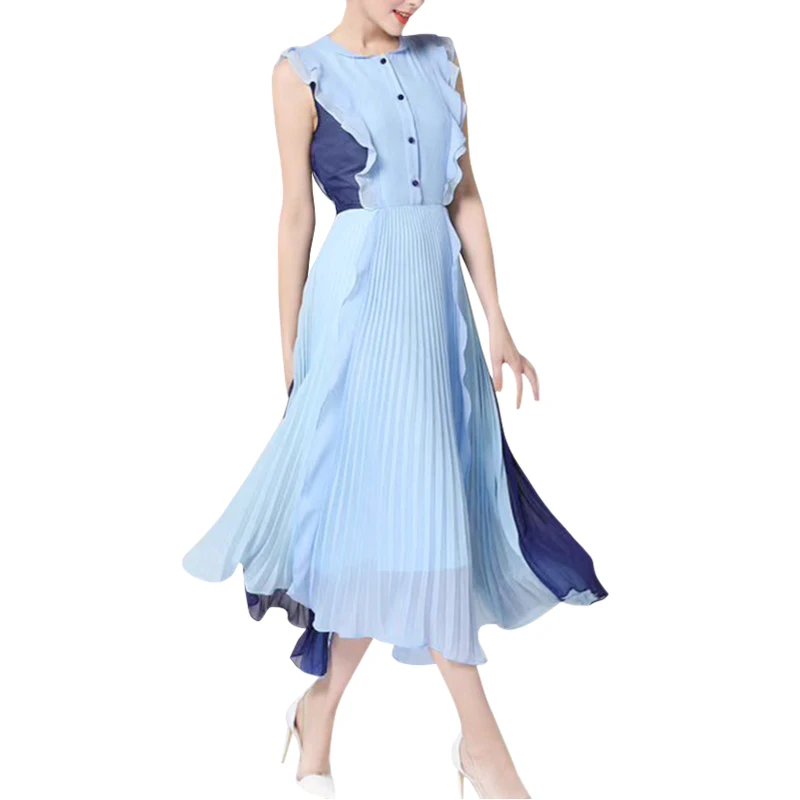 

Navy and Blue Patchwork Pleated Dress 2018 Summer Ruffle Collar Sleeveless Women Party Dresses Single-Breasted Midi Shirt Dress