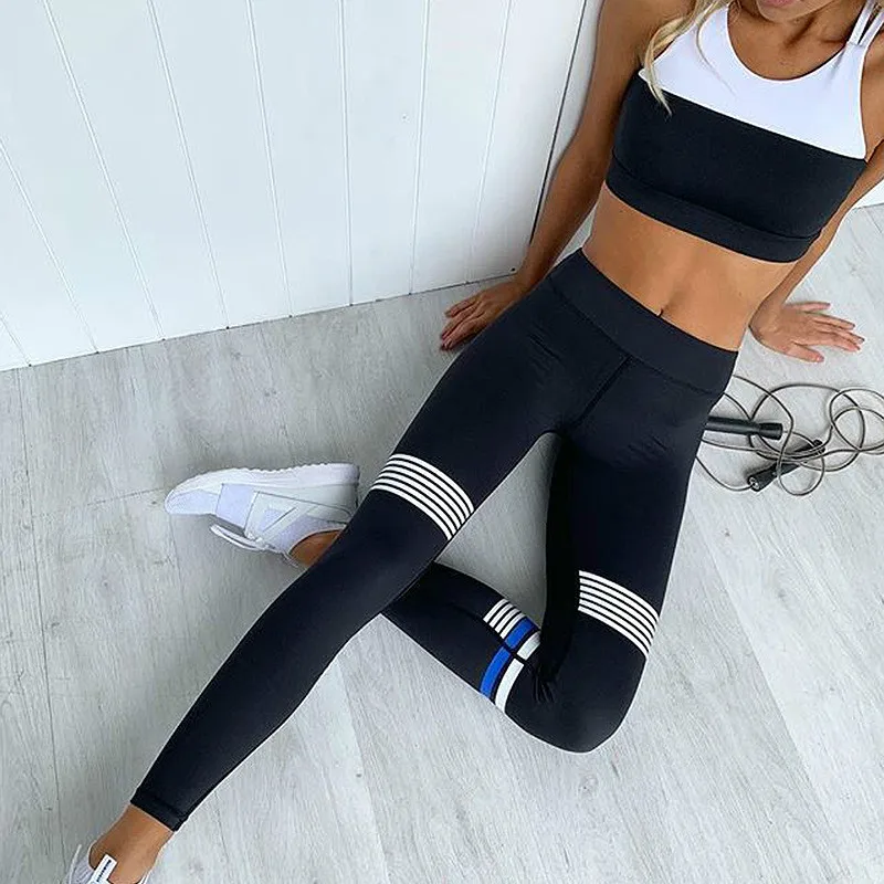 NCLAGEN 2019 Sexy Contrast Color Striped Patchwork Booty Leggings Women Yogaings GYMs Capris Workout Mujer Sudadera Sportswear