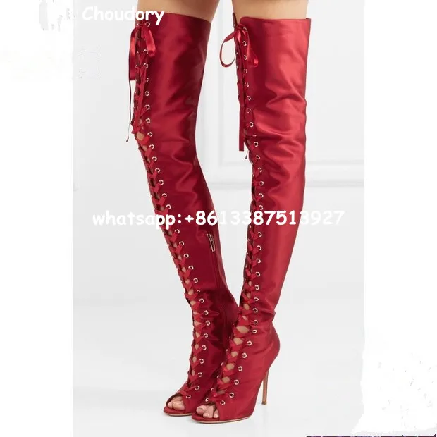 The Latest 2017 Sexy Peep Toe Woman Silk Thigh High Boots Stiletto High Heels Dress Shoes For Ladies Lace-up Summer Sandal Boots