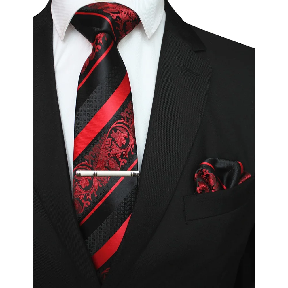 

GUSLESON New Classic Striped Floral Men Ties Pocket Square Tie Clip Set Red God Green Silk Necktie Suit Wedding Business