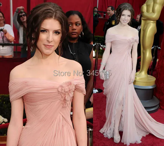 

Free Shipping Oscar Red Carpet Fashion Classical Off Shoulder Front Slit Pink Chiffon Celebrity Dress