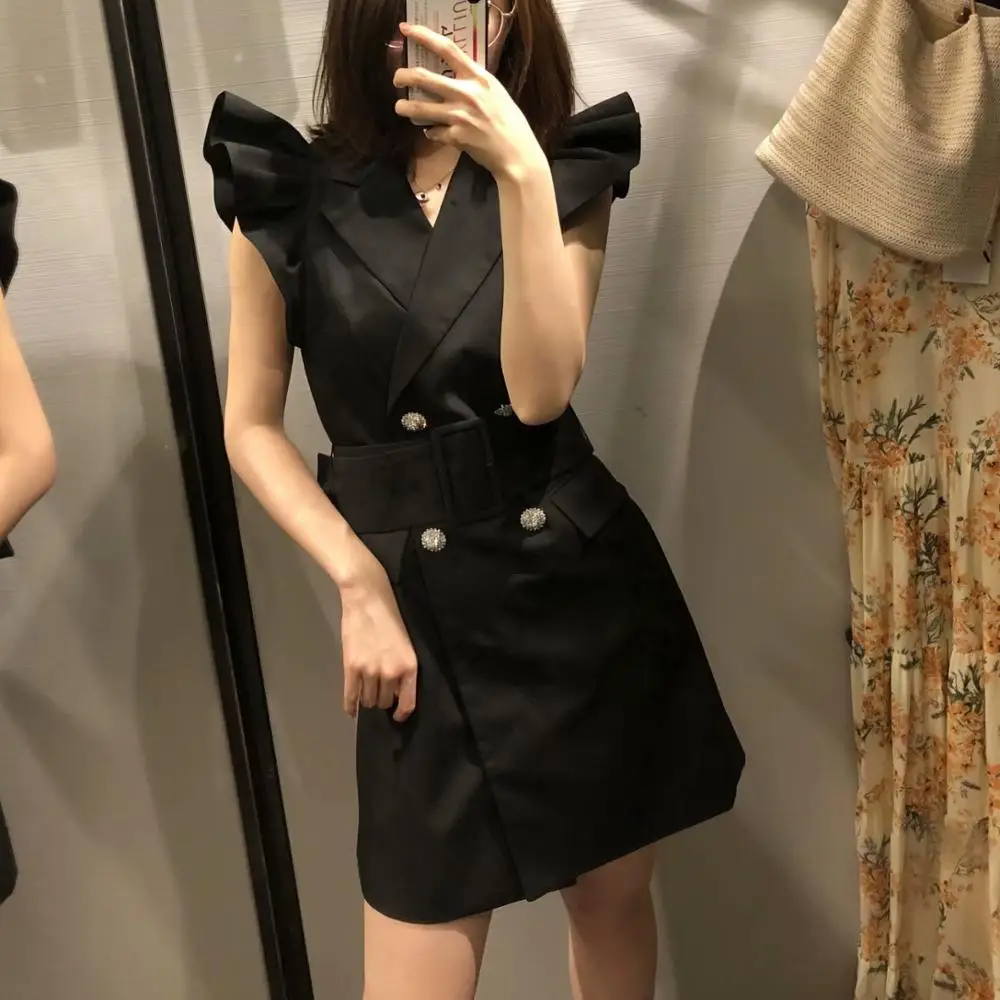 2019 новое черное двубортное тонкое платье женский широкий ремень Vestidos Для женщин