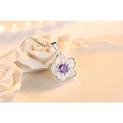 Sale Cherry Blossoms Necklace Flower Chain Pink Purple Crystal Pendant Necklaces Jewellery Collier Femme