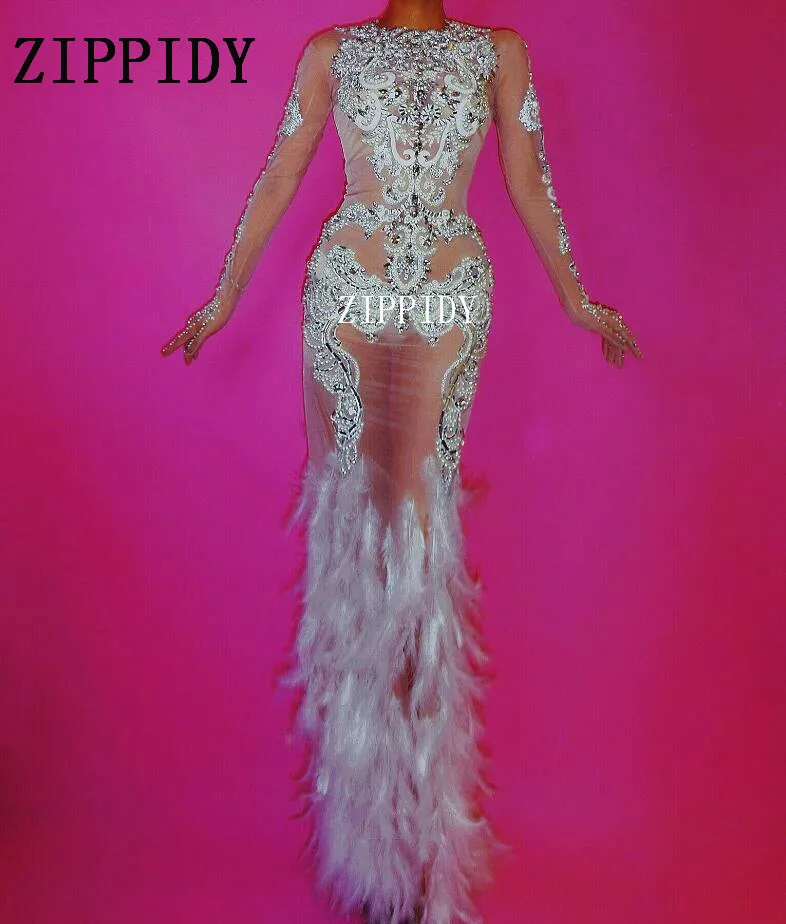 

New Fashion Luxurious Rhinestones Dress Glisten Evening Feather Mesh Dress Women's Prom Birthday Celebrate Crystals Dresses
