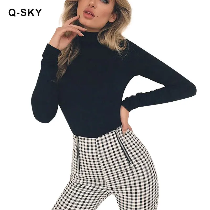 Q SKY Autumn Winter Women Bodysuits Turtleneck Long Sleeve Elastic