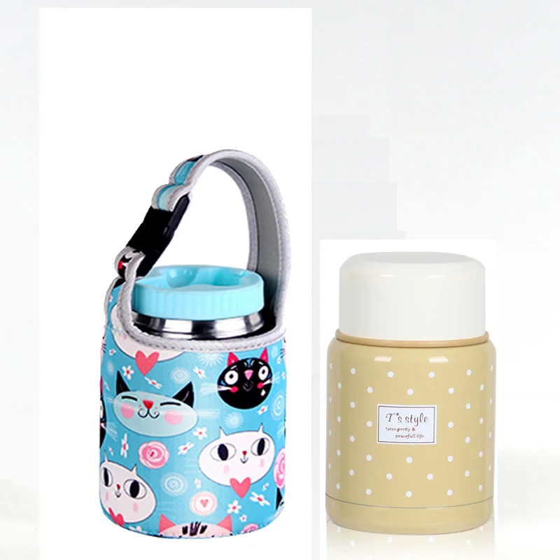 yellow with cat bag 350 мл Термос inox Складная ложка термальный детский Ланч-бокс termos красочная банка для супа Портативная сумка контейнер для еды - Цвет: yellow with cat bag