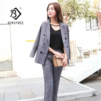 

Women's 2 Piece Sets Casual Blazer Pocket Pant Suits Top Double Breasted High Waist Pants Notched Lady Femmel Suit Sales S95024Z