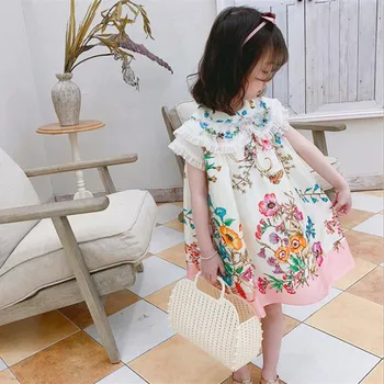 

Summer New Lovely Girls Princess Dress Fashion Lace Collar Flower Butterfly Print Loose Girls Party Dress Toddler Clothes 2-7Yrs