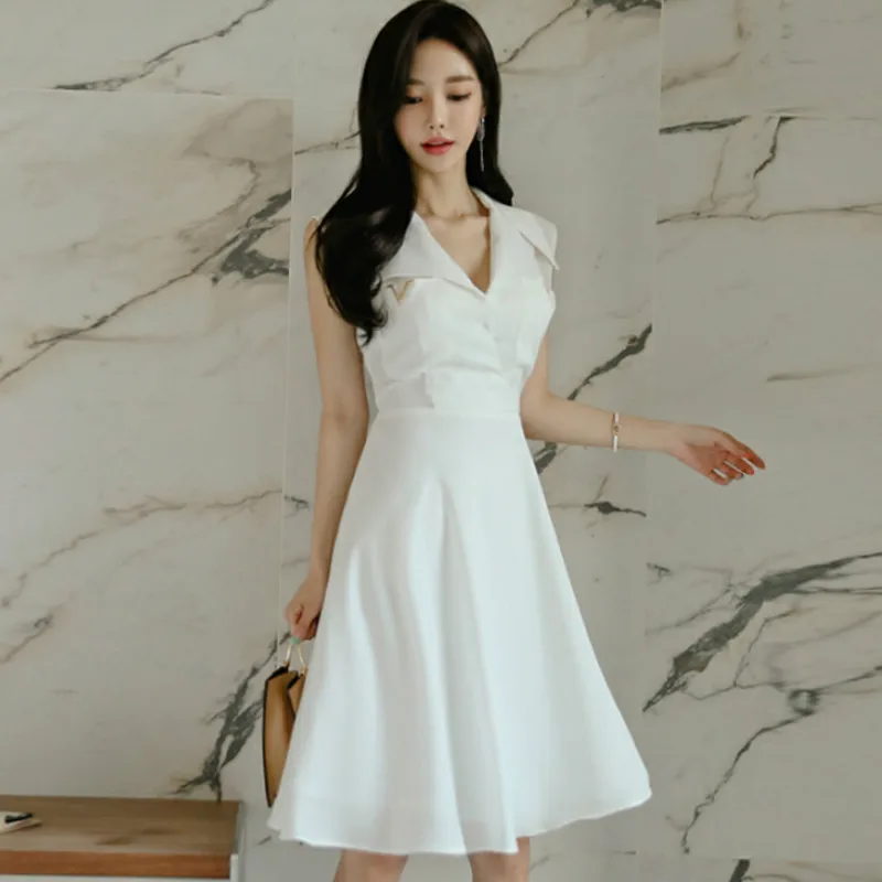 

Summer Women Sleeveless Pocket High Waist White Cloth Swing Casual Work Dress