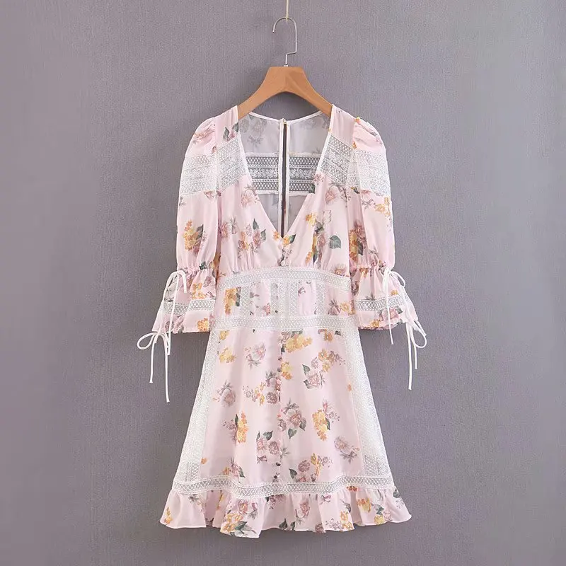 Boho vestidos Мини розовое винтажное цветочное кружевное платье с v-образным вырезом милое элегантное сексуальное корейское летнее платье повседневное богемное платье с оборками