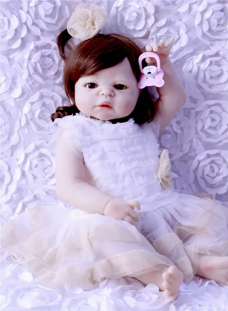 reborn girl dolls real full silicone baby dols 57cm brown curly hair