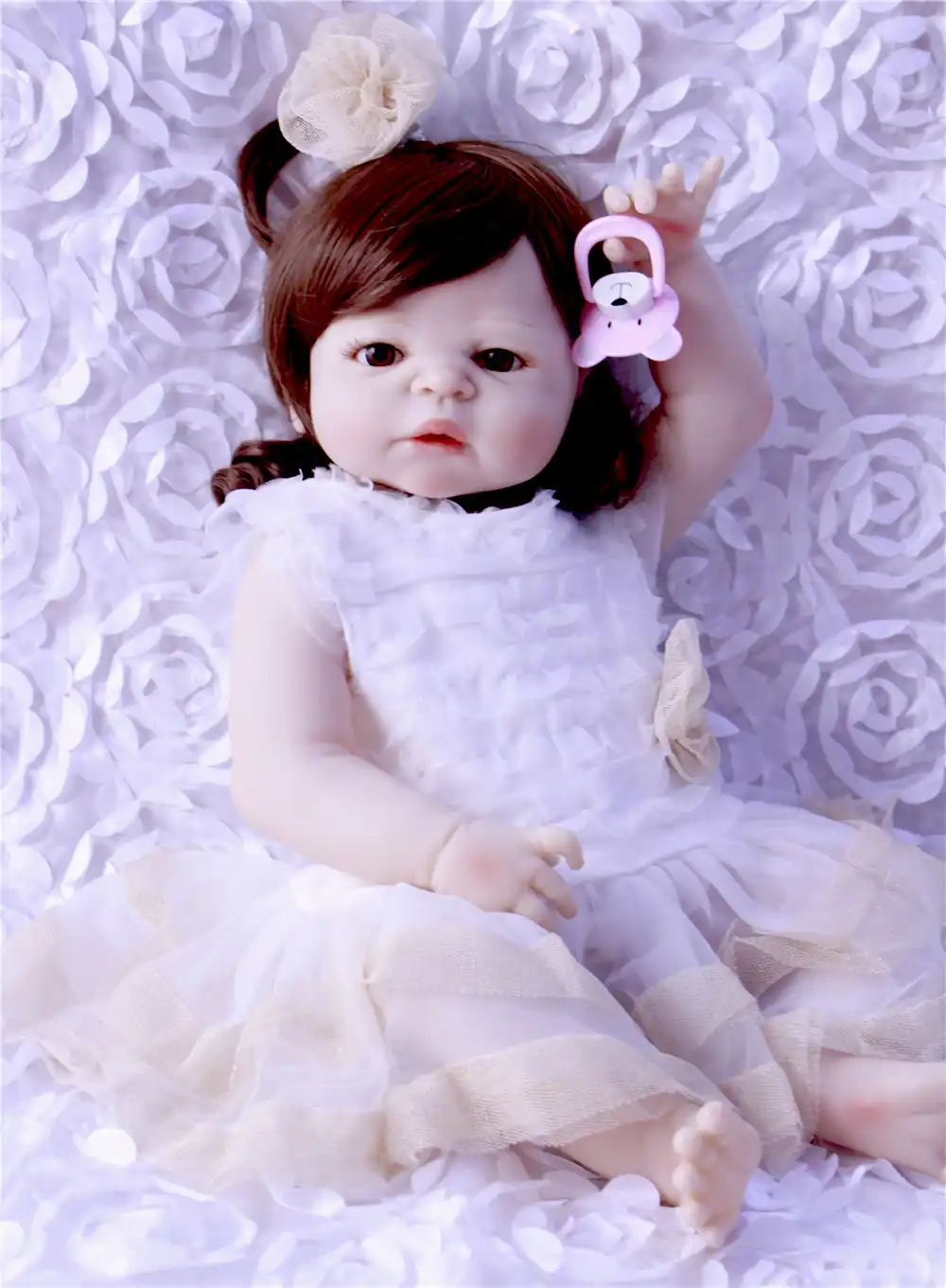 Reborn Girl Dolls Real Full Silicone Baby Dols 57cm Brown Curly