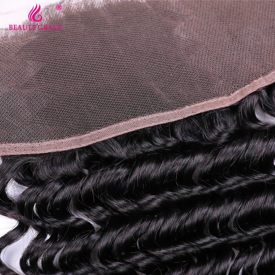 Brazilian Deep Wave Frontal With Baby Hair Free Part Remy Human Hair Ear To Ear Pre Plucked Lace Frontals Closure Beauty Grace