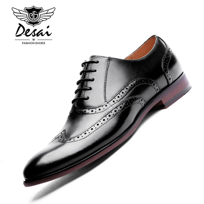 melhor DESAI Marca Grain Completa Couro Homens Sapatos Oxford Retro Esculpida Estilo Britânico Bullock Homens Formais Vestir Sapatos Tamanho Grande 44 47