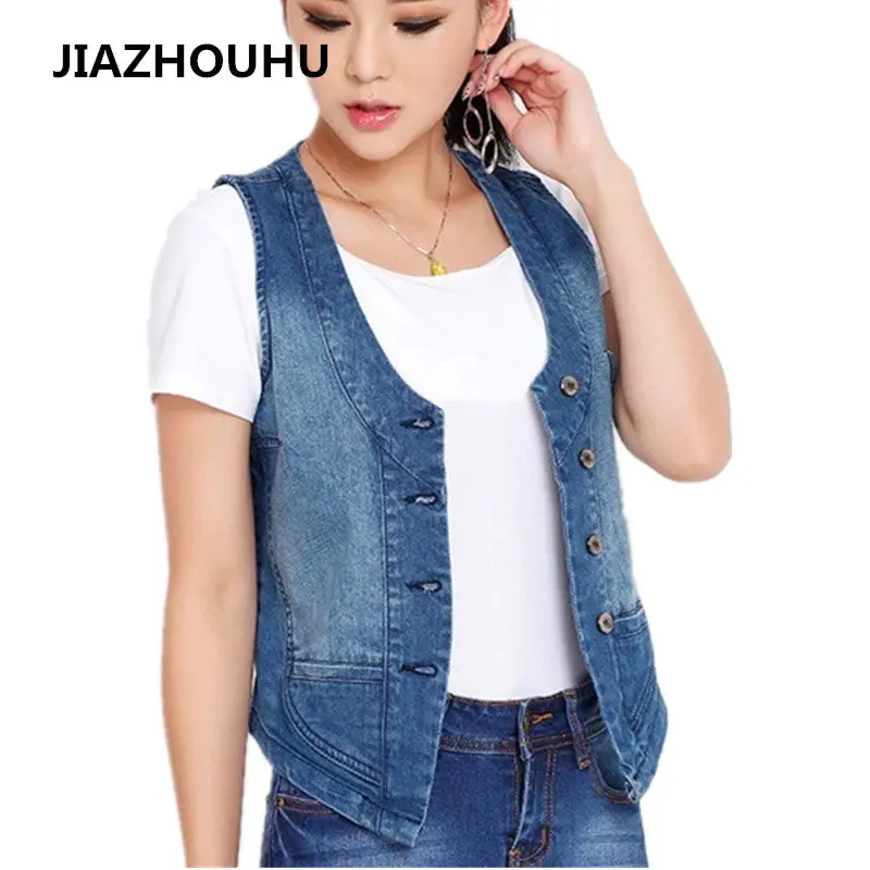 

98% Cotton 2018 Summer Spring Female Sleeveless Jacket Large Size S-5XL Women's Denim Vest Coat Slim Vests Women Short Waistcoat