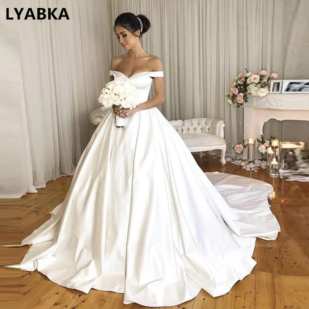 Robe De Mariee Gauze A line Wedding Dress Chapel Train White Satin Cap Sleeve Wedding Dresses