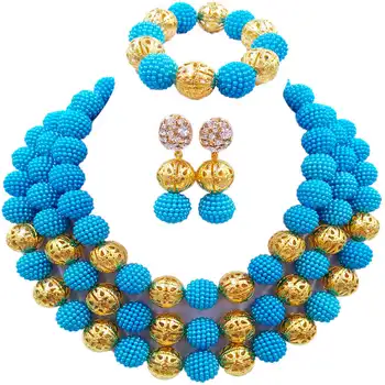 

Sea Blue Costume Necklace Earrings Nigerian Beads African Jewelry Set Wedding Bridal Jewelry Sets 3ZZJS07