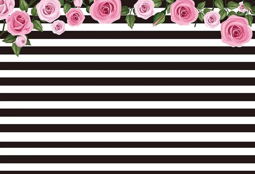 Vinyl Pink Rose Leaves Black And White Stripe studio background