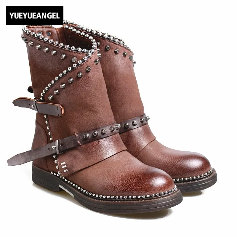 

Luxury Handmade Shoes Women Rivet Sheepskin Retro Brown Buckle Strap Platform Knight Boots Round Toe Block Motocycle Botas Mujer