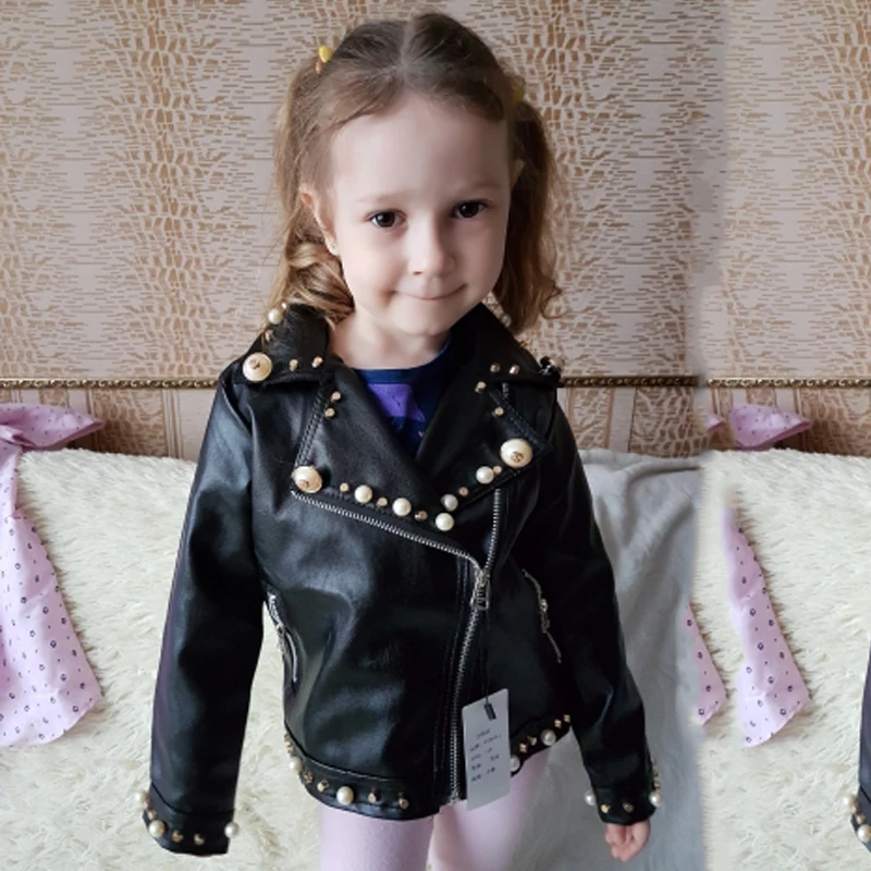 

girls autumn coat PU jacket, 2-7 year girls jackets fashion rivet Lapel pearl leather motorcycle low price hot sale all match