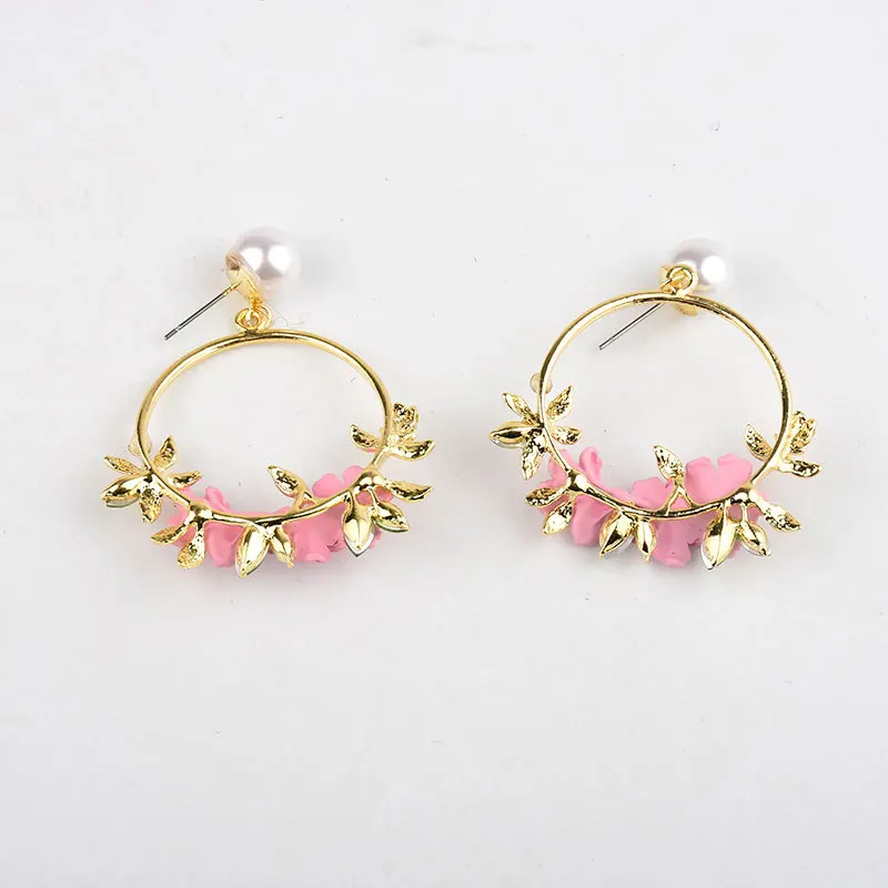 Trendy Cute Pink Flower Earrings For Women Girls Jewelry Female Rhinestone Gold Metal Round Circle Drop Earrings Gifts Brincos