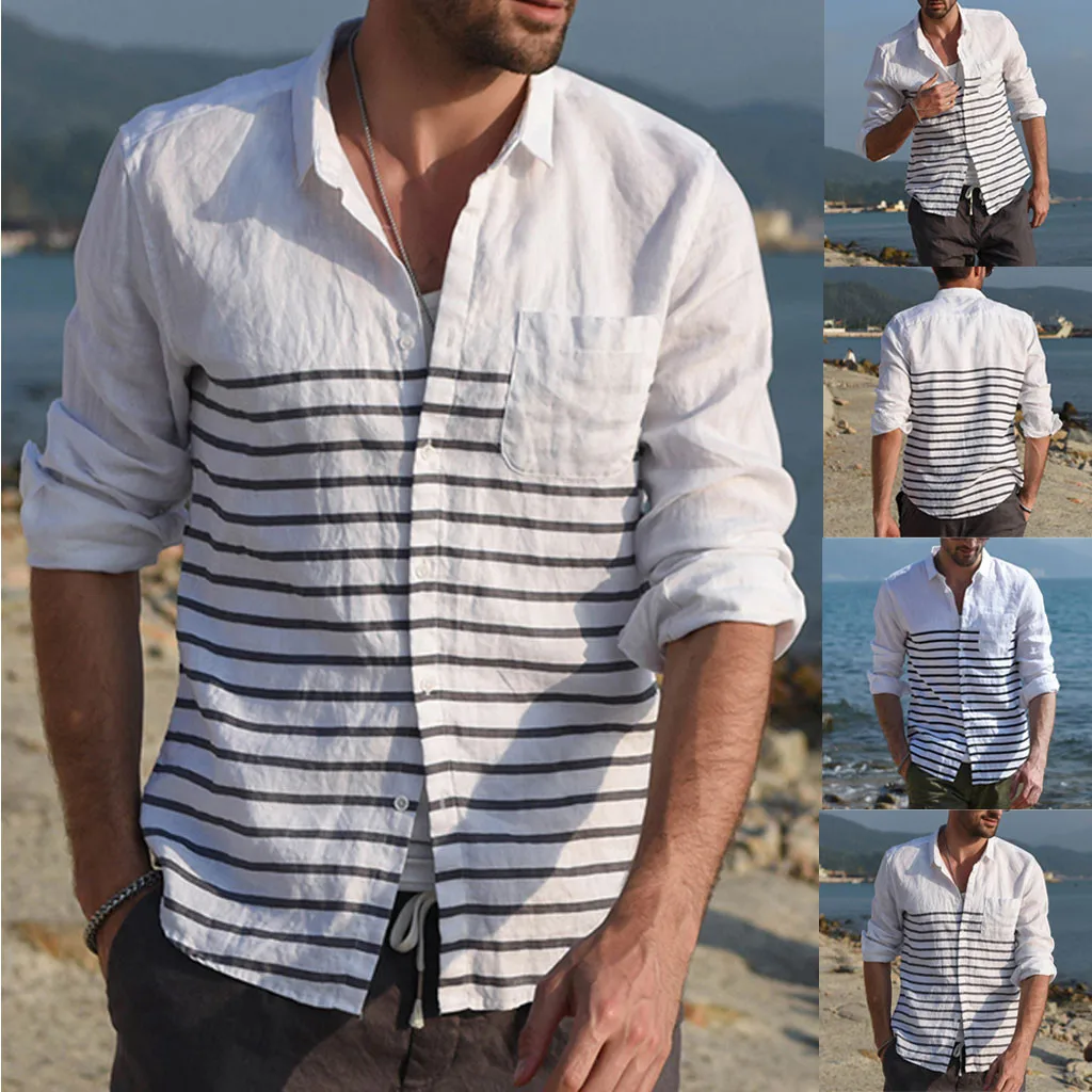 

2019 Men Vintage Button Linen Solid Long Sleeve Retro Shirts Tops Blouse