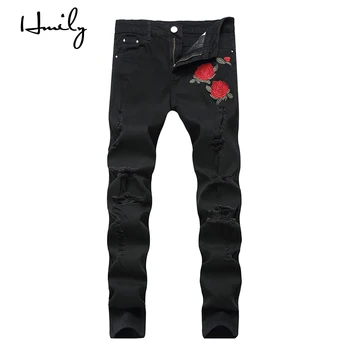 

HMILY Embroidery Men's Slim Jeans Casual Long Pants Denim Jeans For Man Clothing 28-42 Size Black Destroy Hole Men Jeans