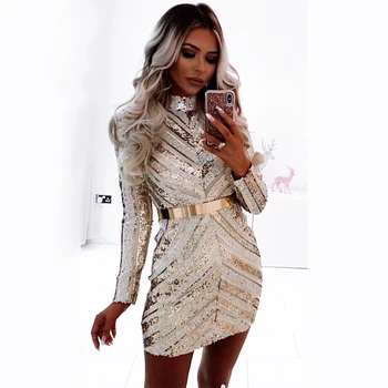 

2019 Mini Dress Sexy Celebrity Striped Flare Sequined Women Elegant Full Turtleneck Night Club Body con Party Dresses Wholesale