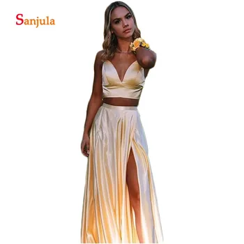 

V Neck Yellow Satin Prom Dresses Two Pieces Spaghetti Straps A-Line Cheap Prom Gowns Leg Slit Skirt Graduation Dresses 2019 D809