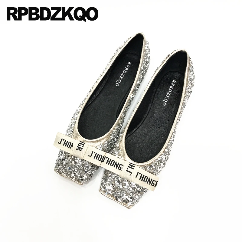 

2019 square toe ballet glitter gold designer ballerina brand flats women bow autumn spring bling sequins single shoes roll up
