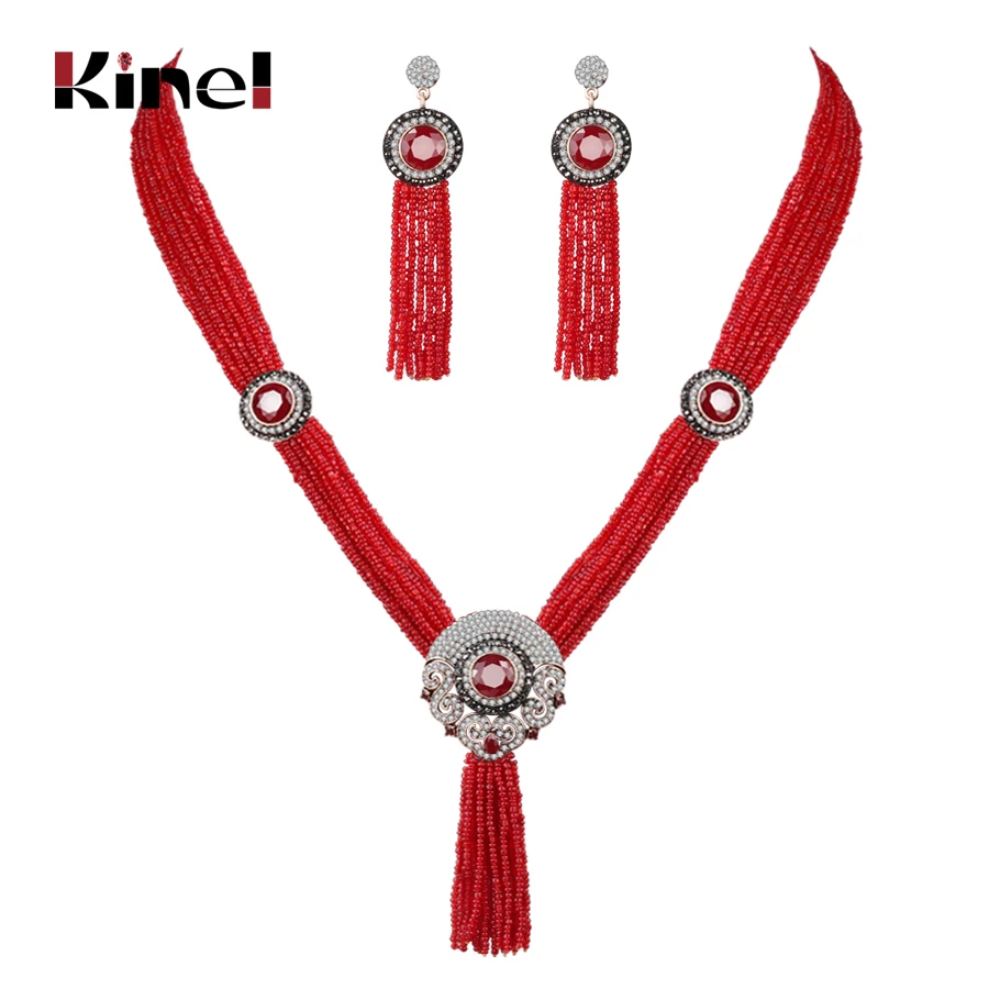 Kinel Vintage Long Tassels Necklace For Women Red Bead Multilayer Chain