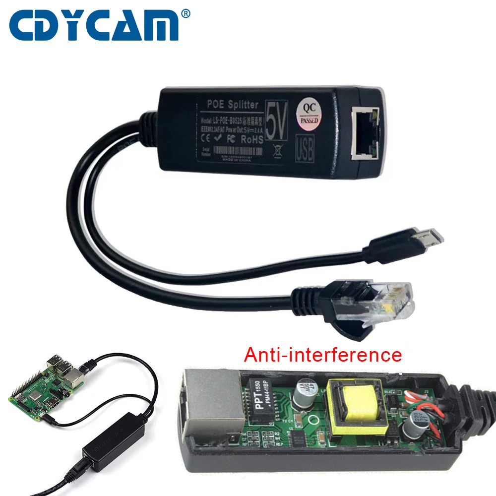 Cdycam анти-помехи активный сплиттер POE питание по Ethernet 48 В до 5 В 2.4A IEEE 802.3af Micro USB Raspberry Pi для камеры